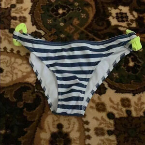 Ladies Bikini Bottoms white and blue stripes with bright yellow ties each sids